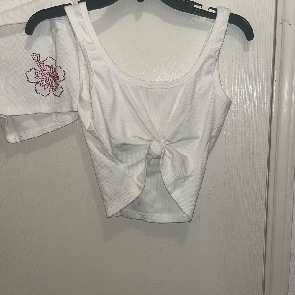Missguided White Crop Top with Pink Bejeweled Floral Design - Picture 4 of 8